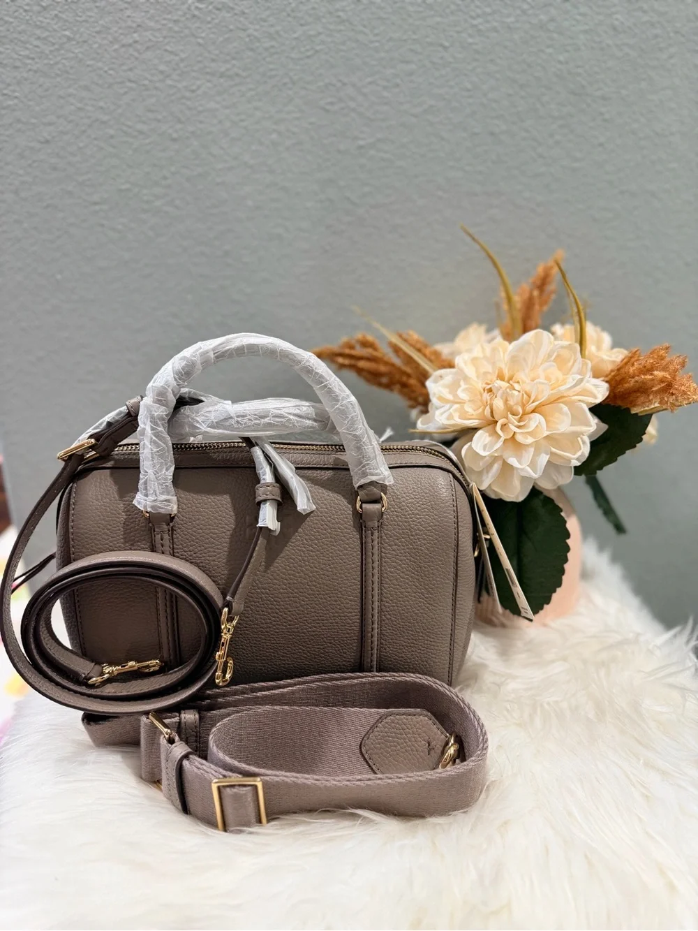 Tory Burch Thea Pebbled Leather Satchel with double starp